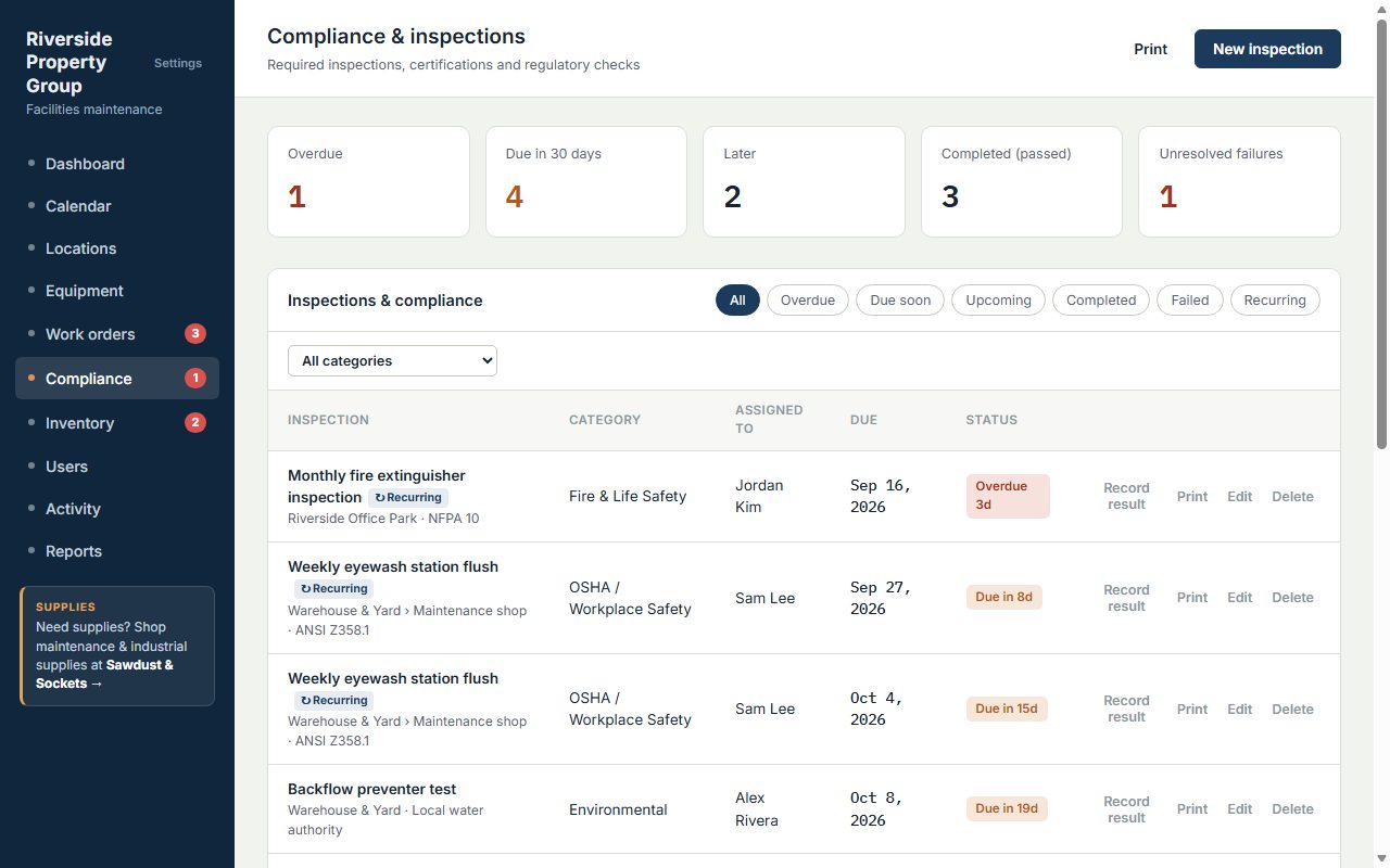 Compliance and inspections screen with status by inspection