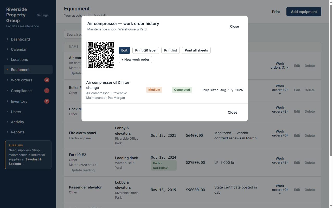 Equipment pop-up with QR code, work order history and print options