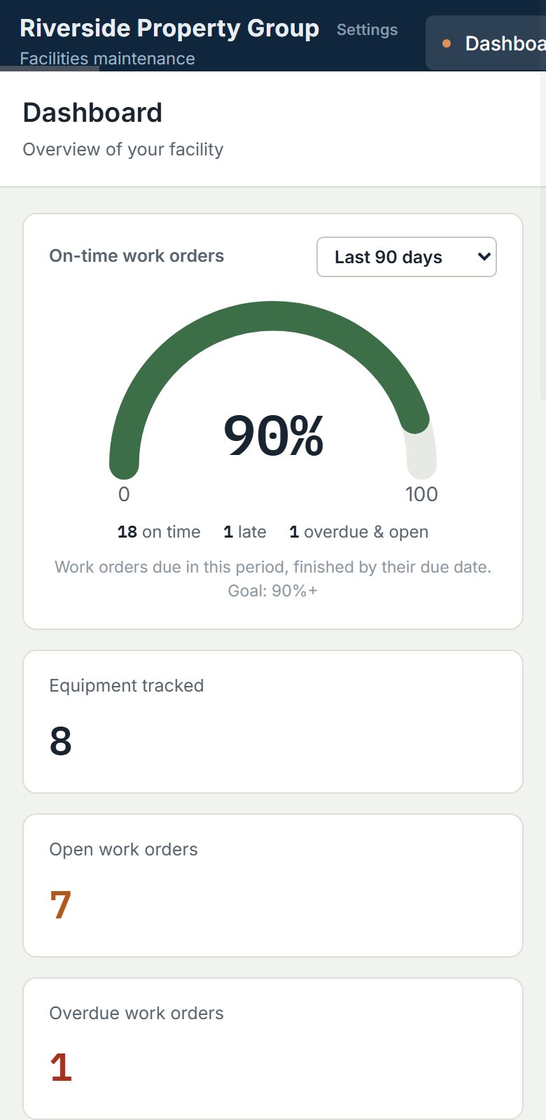 Facility CMMS dashboard on a phone