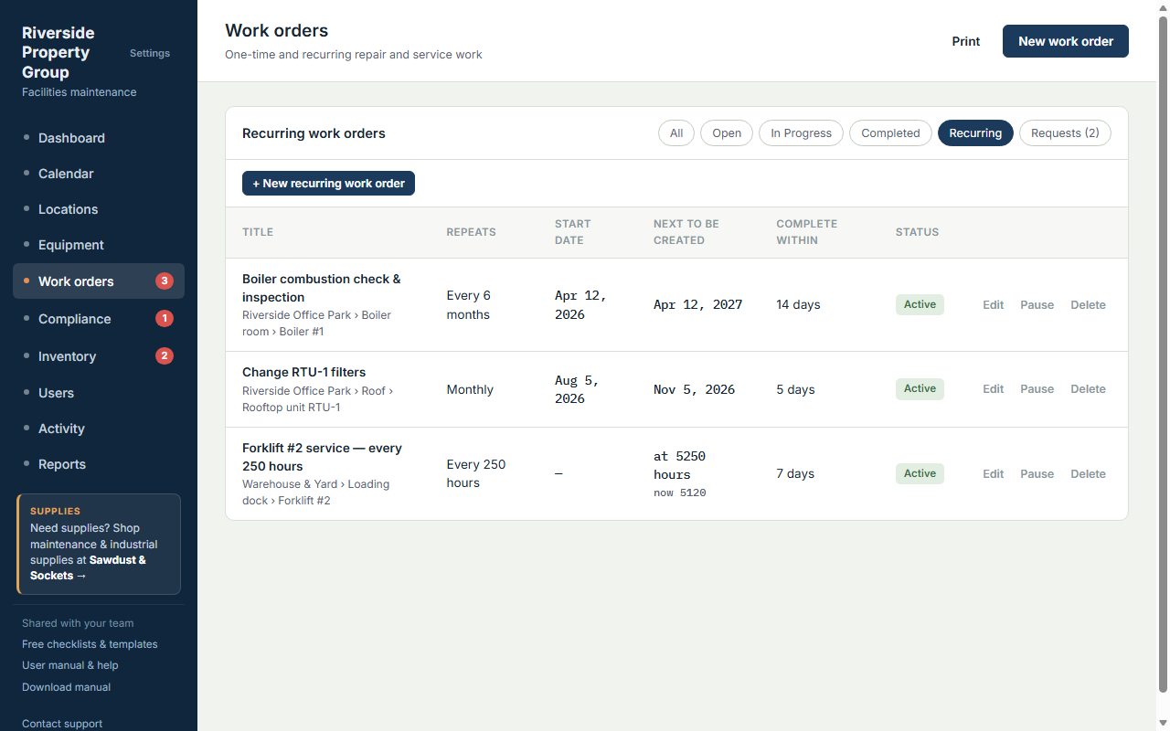 Recurring work orders list showing monthly, six-month and meter-based schedules